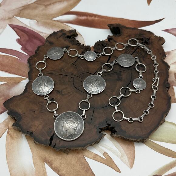 BUFFALO DANCER Taos Silver Necklace 7 Vintage Coins Peace Dollar Walking Liberty - Picture 1 of 5